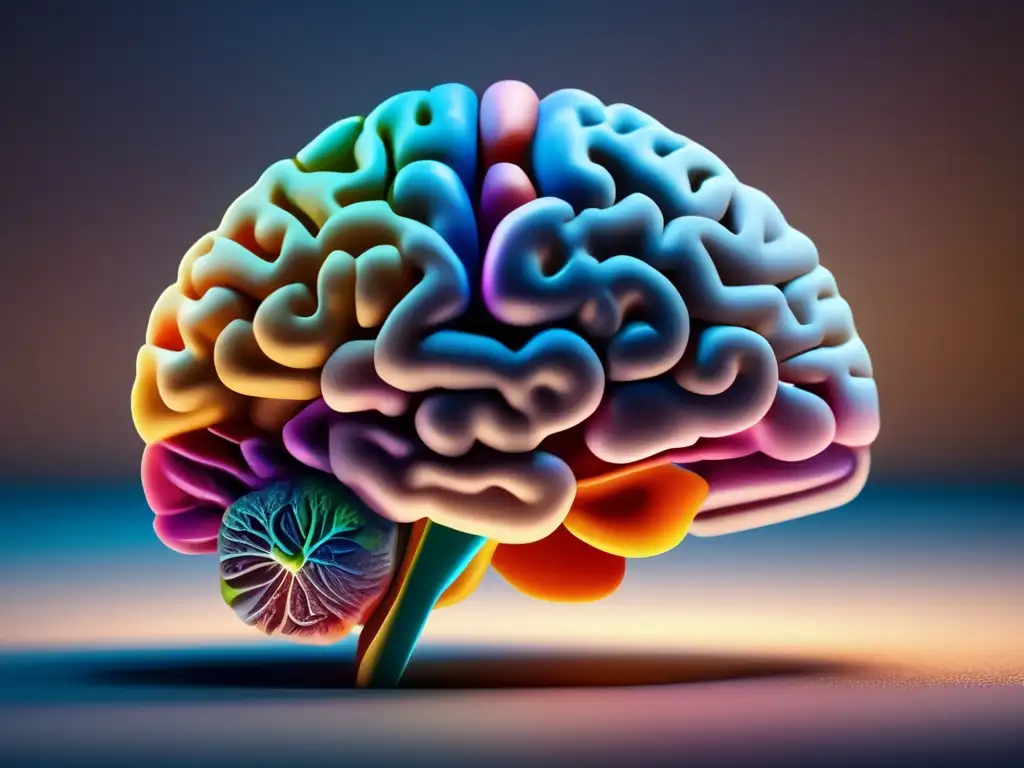 Un modelo tridimensional detallado del cerebro humano, con colores vibrantes y una iluminación suave que realza su complejidad