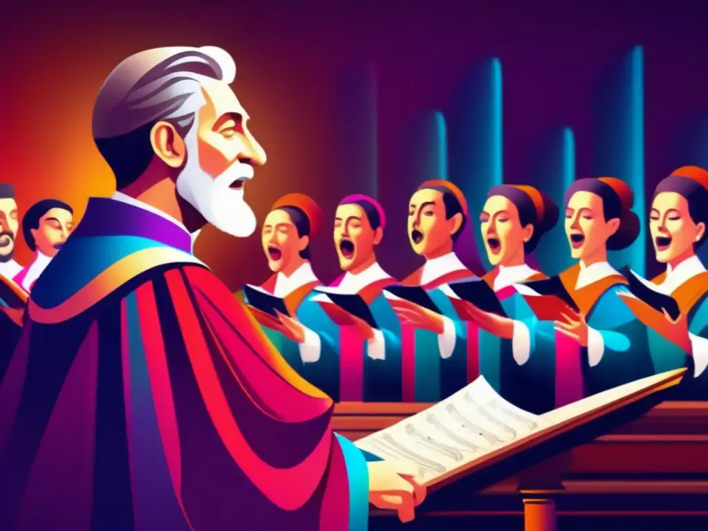 Una moderna representación artística digital de Claudio Monteverdi dirigiendo un coro, con colores vibrantes y detalles intrincados que capturan la emoción y energía de una actuación coral