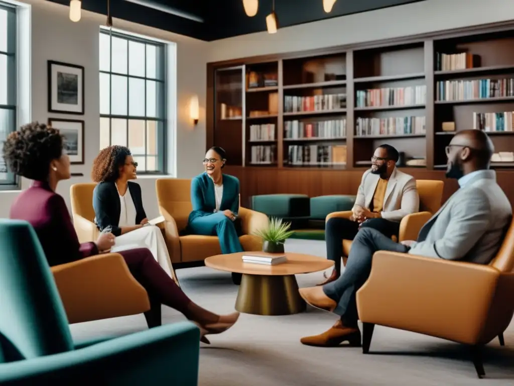 En una moderna biblioteca iluminada, un animado grupo discute las profecías de Ellen White y el movimiento adventista del séptimo día
