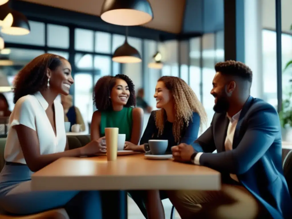 En una moderna cafetería, un diverso grupo conversa animadamente, reflejando la Teoría de la Acción Comunicativa Habermas