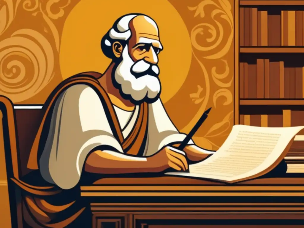 Homero Ilíada creación: Ilustración moderna detallada del legendario poeta Homero sentado en su escritorio, rodeado de pergaminos