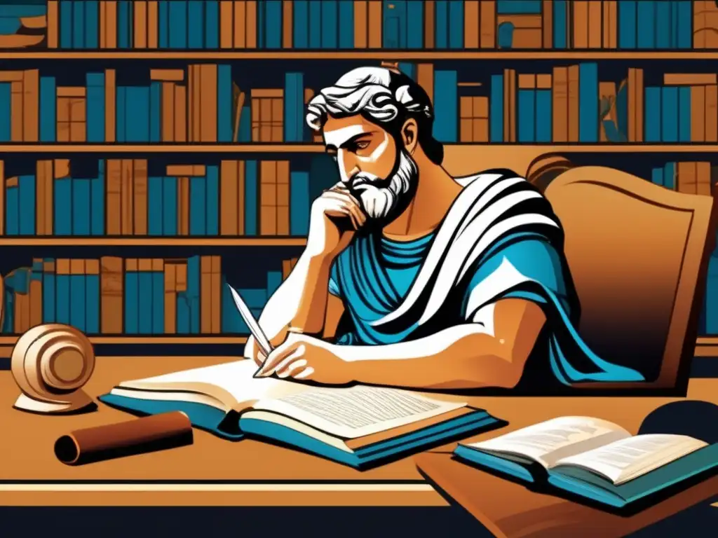 Una moderna ilustración digital de Apolodoro, el mitógrafo griego, concentrado en su escritura rodeado de pergaminos y libros