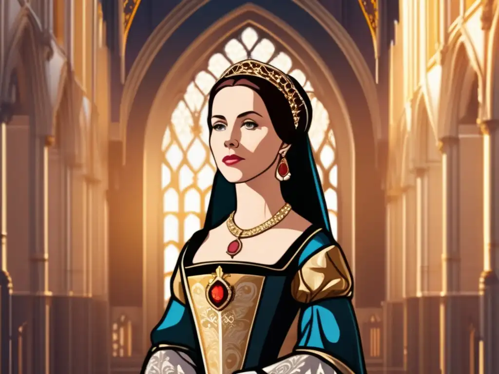Reina Ana Boleyn: Fortaleza en la Catedral Una moderna representación digital de Ana Bolena, Reina de Inglaterra, en atuendo regio frente a una imponente catedral