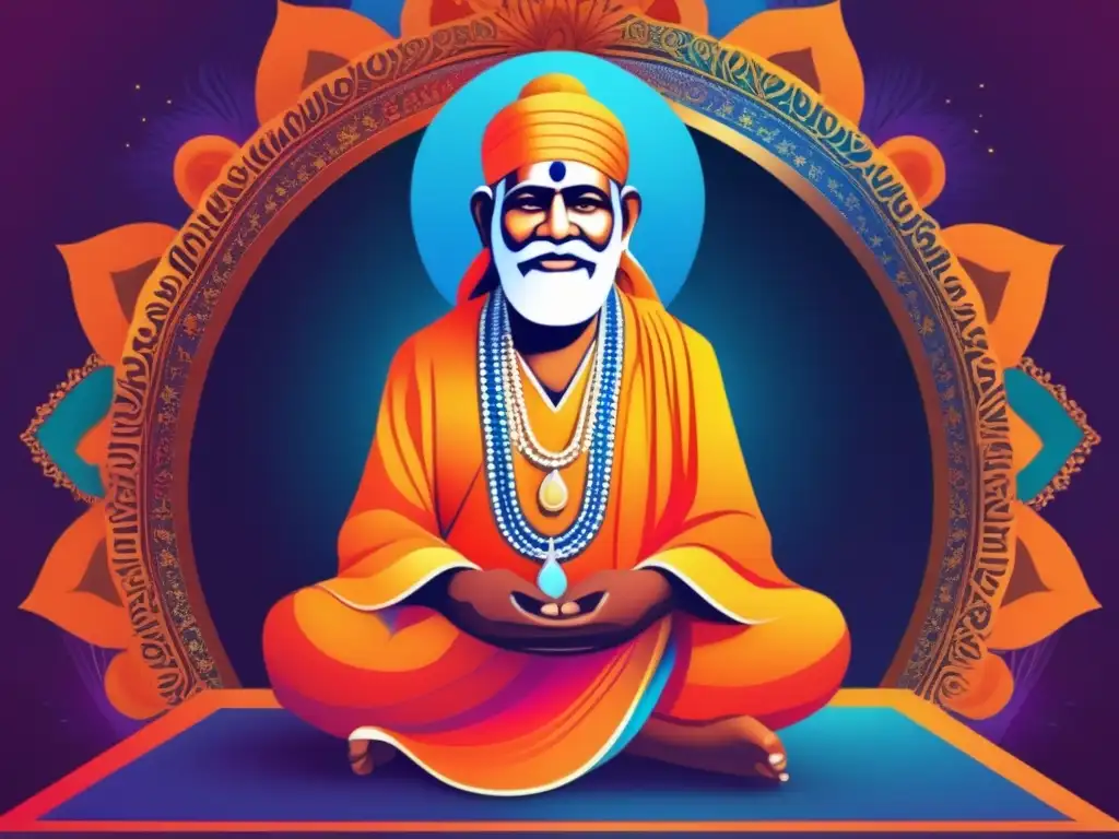 Radiante arte digital de Sai Baba: serenidad y modernidad Una moderna representación digital de Sai Baba de Shirdi, con colores vibrantes y detalles intrincados