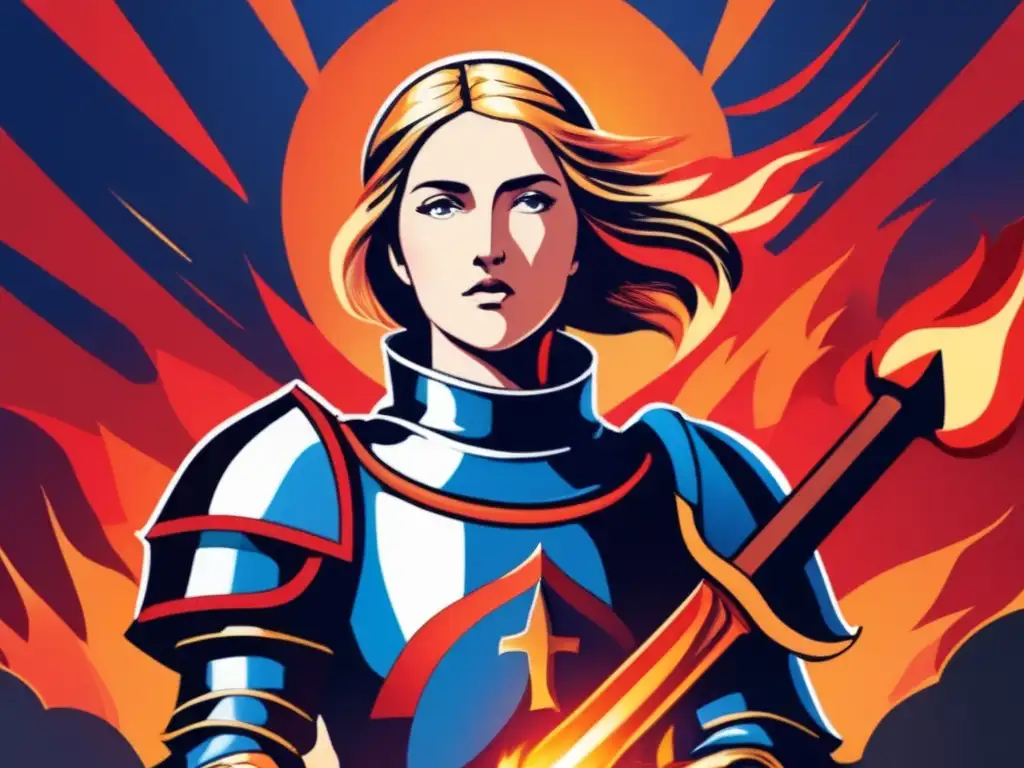 Una moderna representación digital de Jeanne d'Arc de pie frente a la hoguera, con una expresión decidida