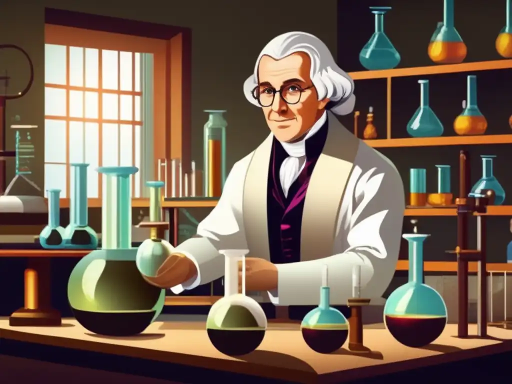 En una moderna ilustración digital, Joseph Priestley realiza experimentos en su laboratorio, rodeado de equipo científico