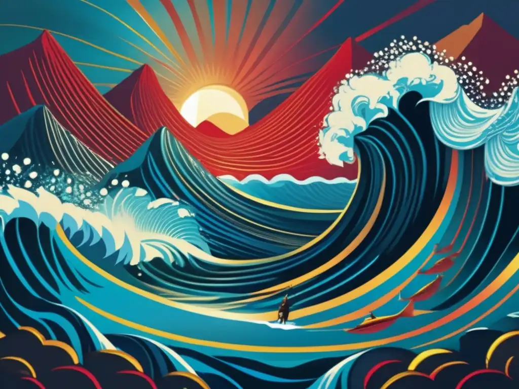 Milagro de Moisés: Esplendor Divino en el Mar Una moderna representación digital de Moisés partiendo el Mar Rojo, con intensas luces iluminando la escena y los israelitas cruzando las aguas