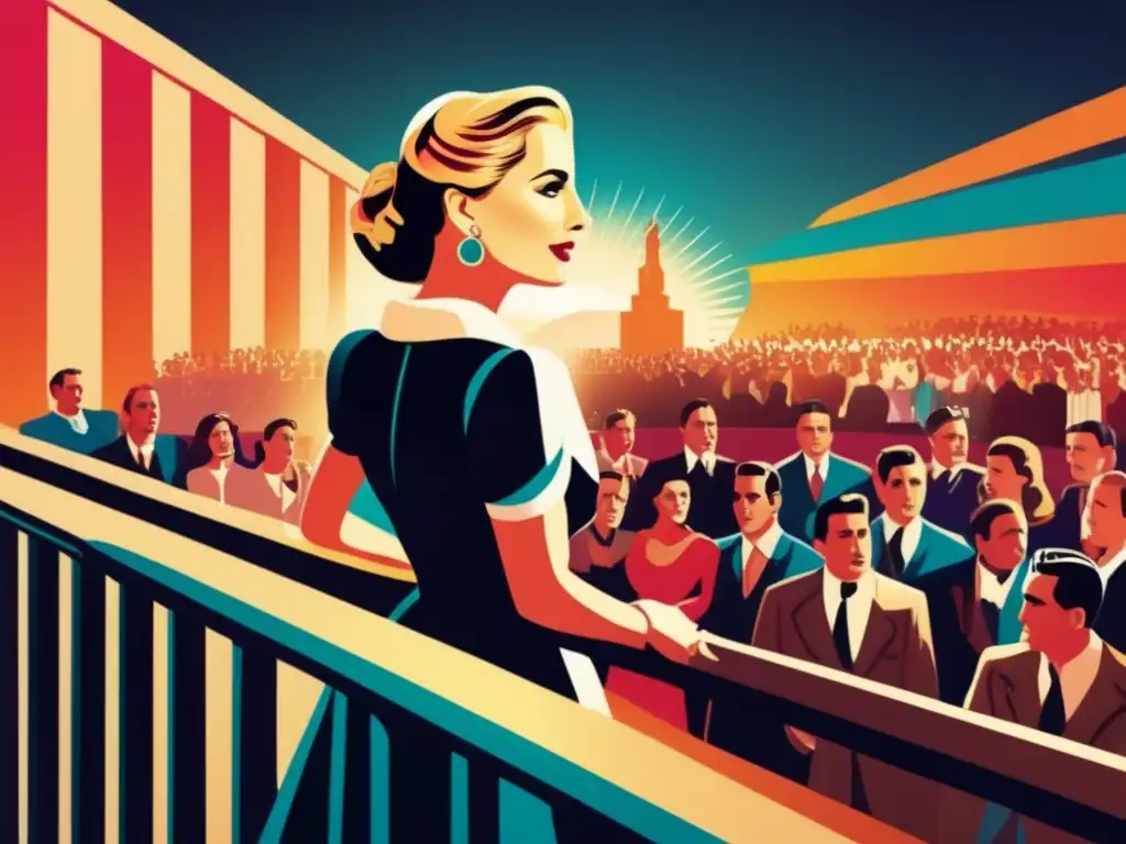 Una moderna ilustración digital de alta resolución de Eva Perón, con una postura poderosa y confiada, dirigiéndose a una multitud desde un balcón