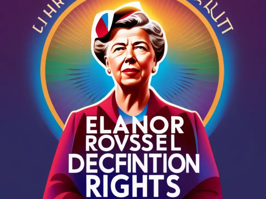 Una moderna ilustración digital de alta resolución muestra a Eleanor Roosevelt, rodeada de un halo de luz, con la Declaración Universal de Derechos Humanos en varios idiomas