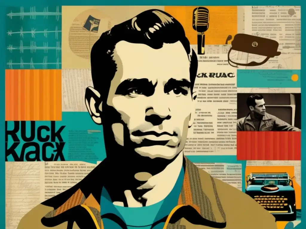 Una moderna y dinámica obra digital que retrata a Jack Kerouac rodeado de símbolos icónicos de la generación Beat
