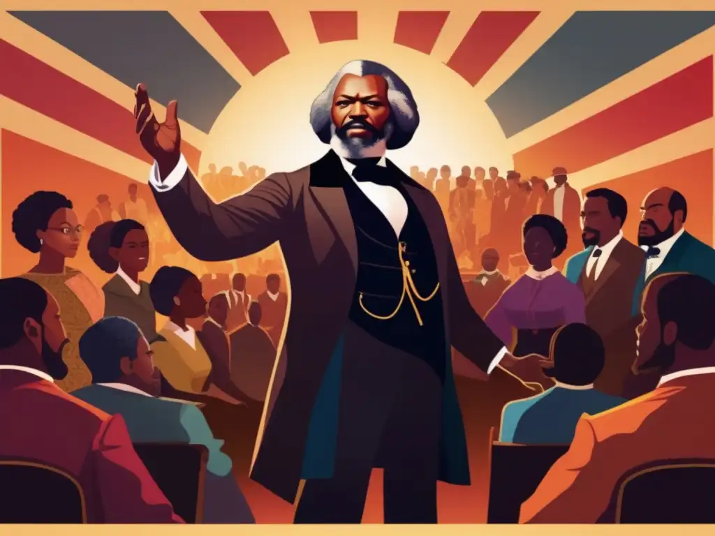 Ilustración moderna de Frederick Douglass entregando un discurso poderoso, rodeado de oyentes diversos y comprometidos