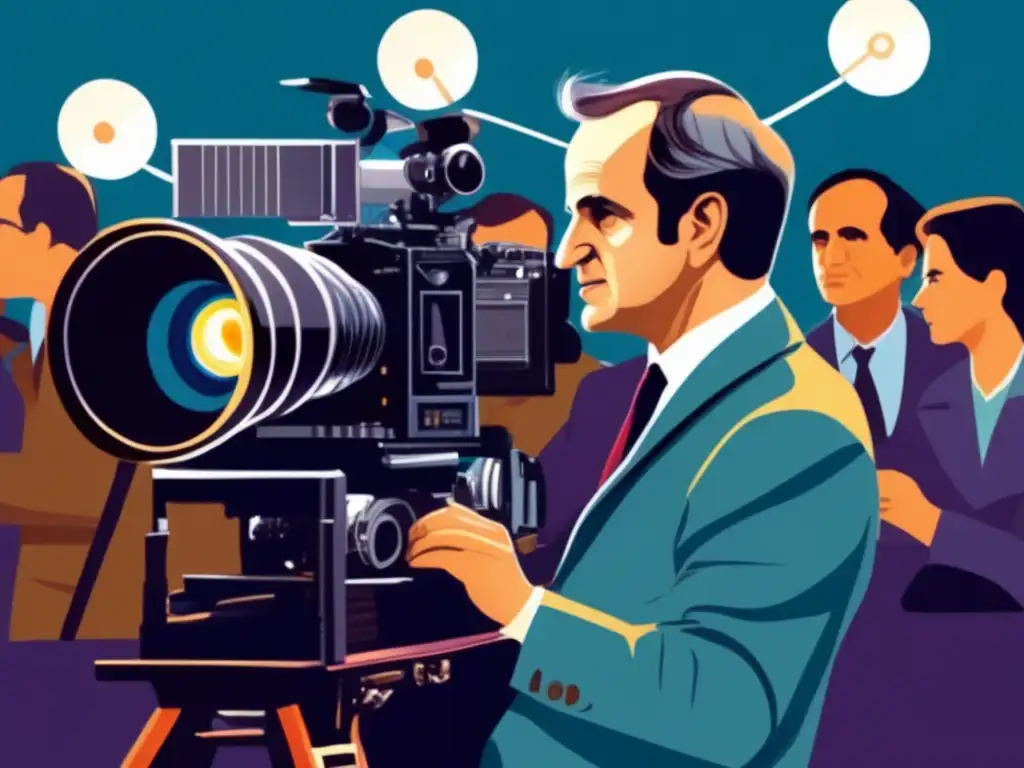 En una ilustración moderna, François Truffaut dirige una escena con pasión, rodeado de cámaras, luces y su equipo