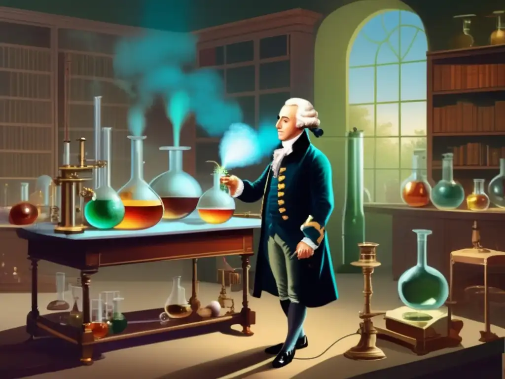 En una ilustración moderna de alta resolución, Antoine Lavoisier realiza un experimento químico preciso en su laboratorio