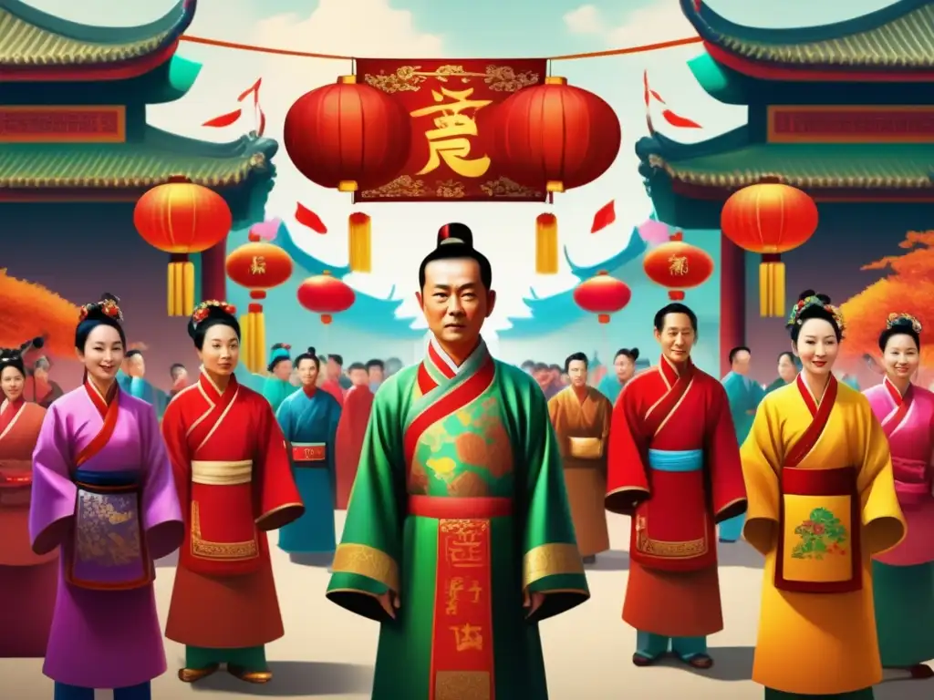 La ilustración moderna de Ban Zhao supervisando un festival chino tradicional, con detalles intrincados en trajes, decoraciones y elementos culturales