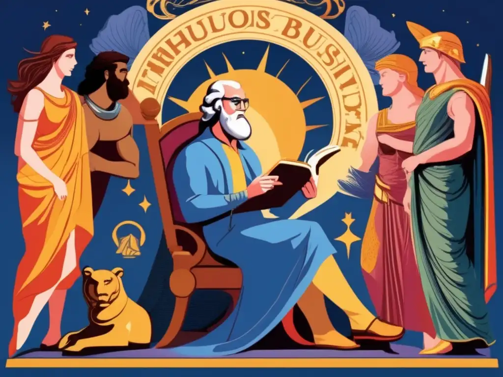 En la ilustración moderna de alta resolución, Thomas Bulfinch es rodeado por figuras mitológicas clásicas como Zeus, Atenea y Hércules