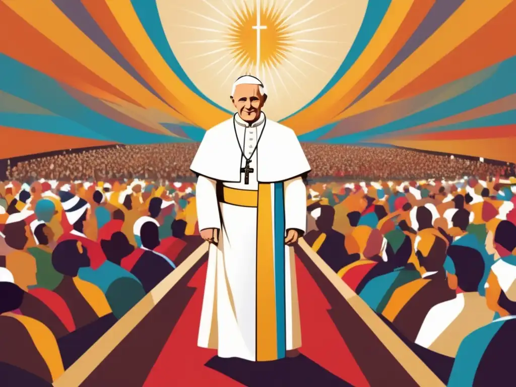 Pintura moderna del Papa Juan Pablo II: impacto global Biografía Papa Juan Pablo II Pontífice: Ilustración moderna de Juan Pablo II frente a una multitud diversa, con expresión cálida y compasiva