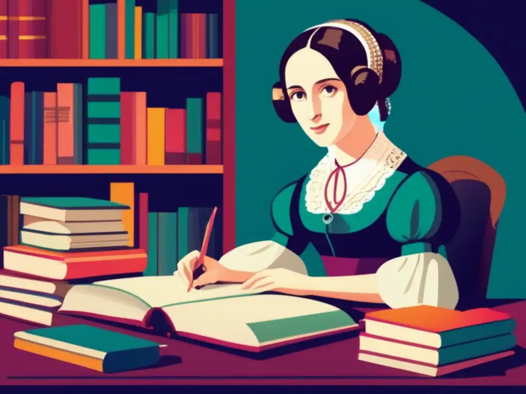 Una ilustración moderna de Ada Lovelace, joven y determinada, rodeada de libros y papeles, concentrada en cálculos matemáticos