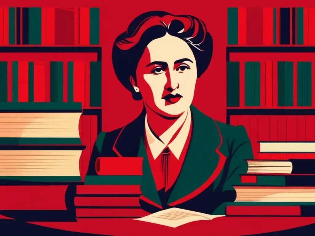 Una ilustración moderna de Rosa Luxemburgo como joven, rodeada de libros, con expresión determinada y apasionada