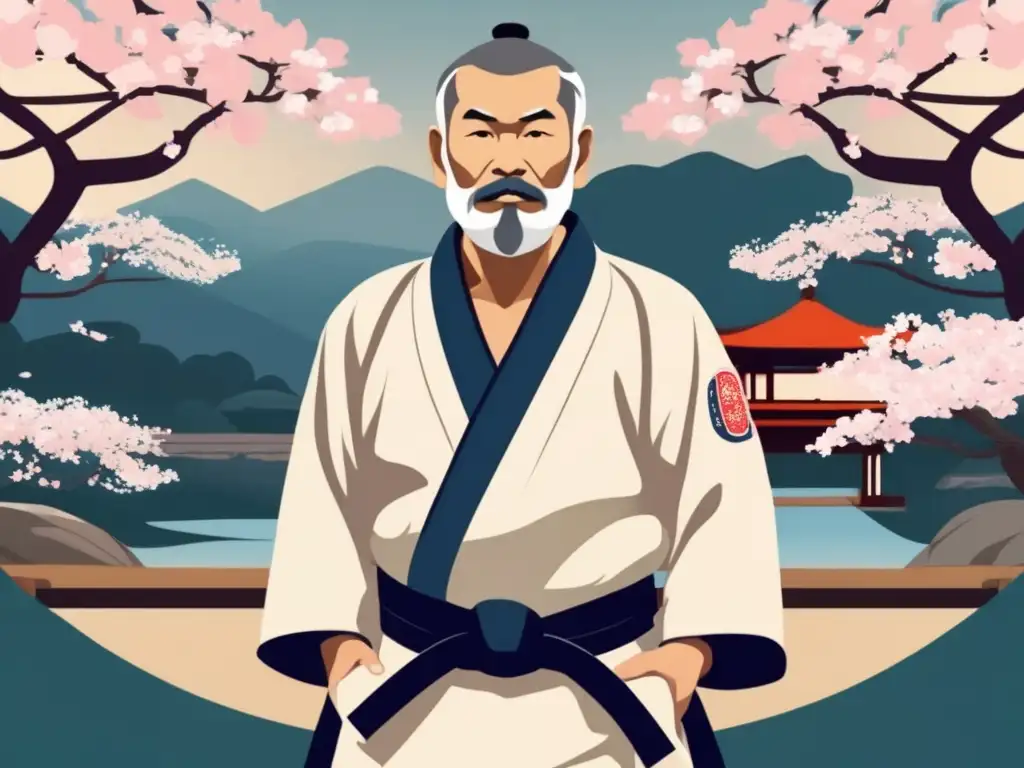 Ilustración moderna de Jigoro Kano, fundador del judo, en gi tradicional, rodeado de un jardín japonés sereno