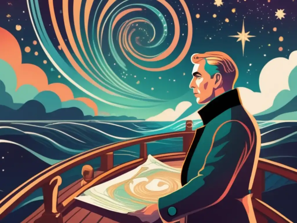 En la ilustración moderna de alta resolución, Alfred Wegener contempla el mar desde la cubierta de un barco, sosteniendo un mapa y una brújula