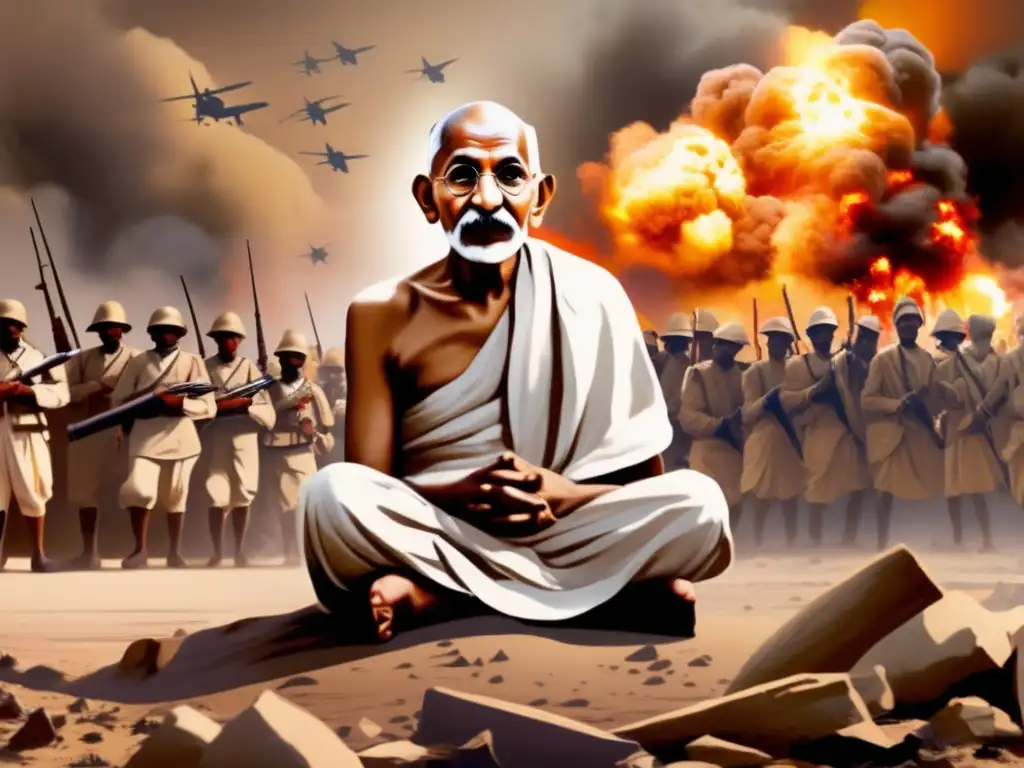Una representación moderna de Mahatma Gandhi en medio de la guerra, mostrando su filosofía pacifista