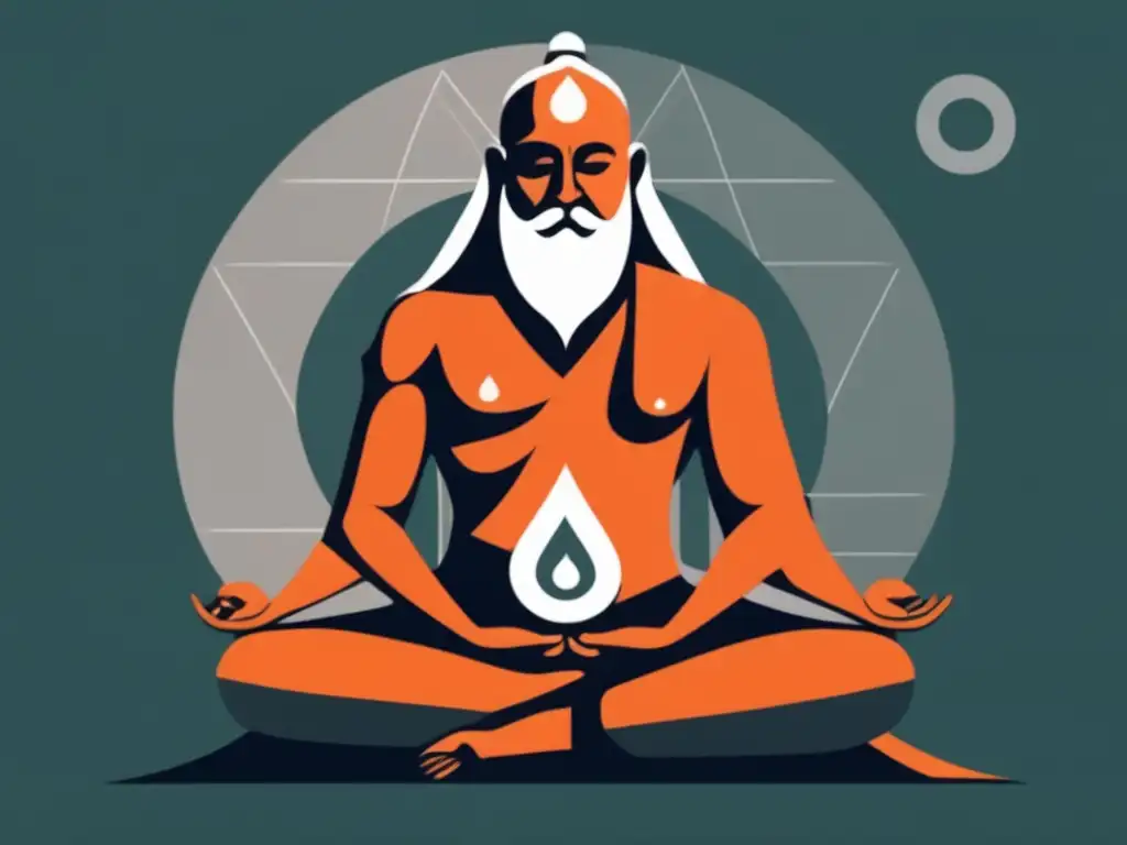 Una representación moderna y minimalista de Adi Shankaracharya en postura meditativa, rodeado de formas geométricas abstractas