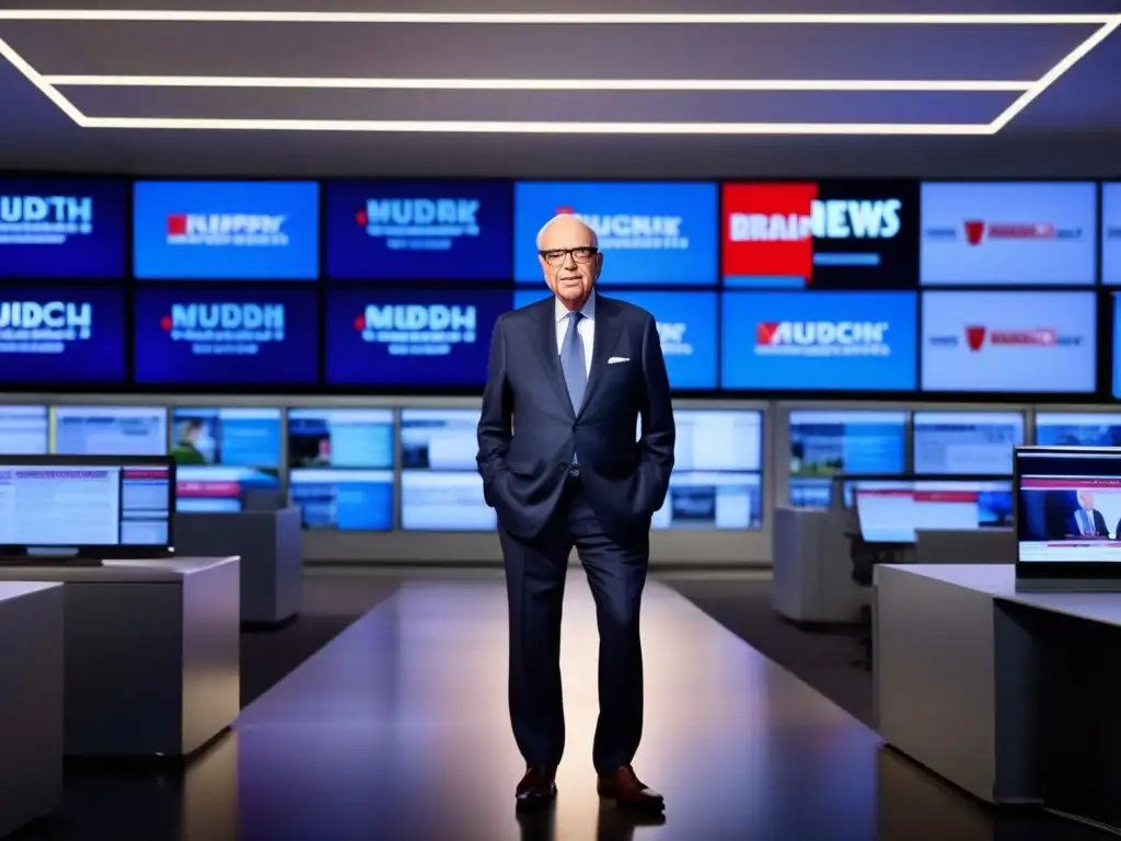 En una moderna redacción, Rupert Murdoch irradia poder entre periodistas y titulares de noticias, capturando la dinámica del mundo de los medios