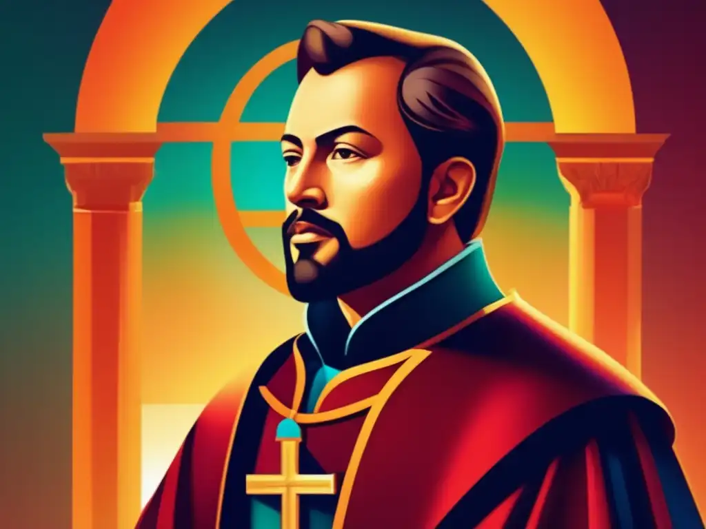 Una moderna obra de arte digital representa a Ignacio de Loyola en pose contemplativa, rodeado por un suave resplandor etéreo