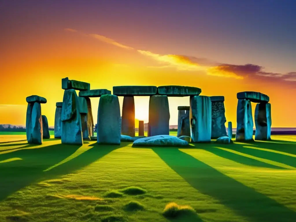 Una moderna obra digital de Stonehenge al atardecer, con colores vibrantes y ricos que capturan la atmósfera mística y antigua del sitio
