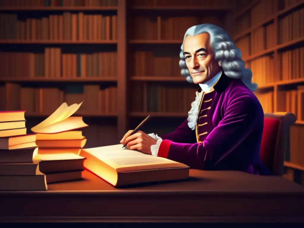 Una moderna obra digital de Voltaire, el filósofo ilustrado, rodeado de libros, con expresión reflexiva y pluma en mano