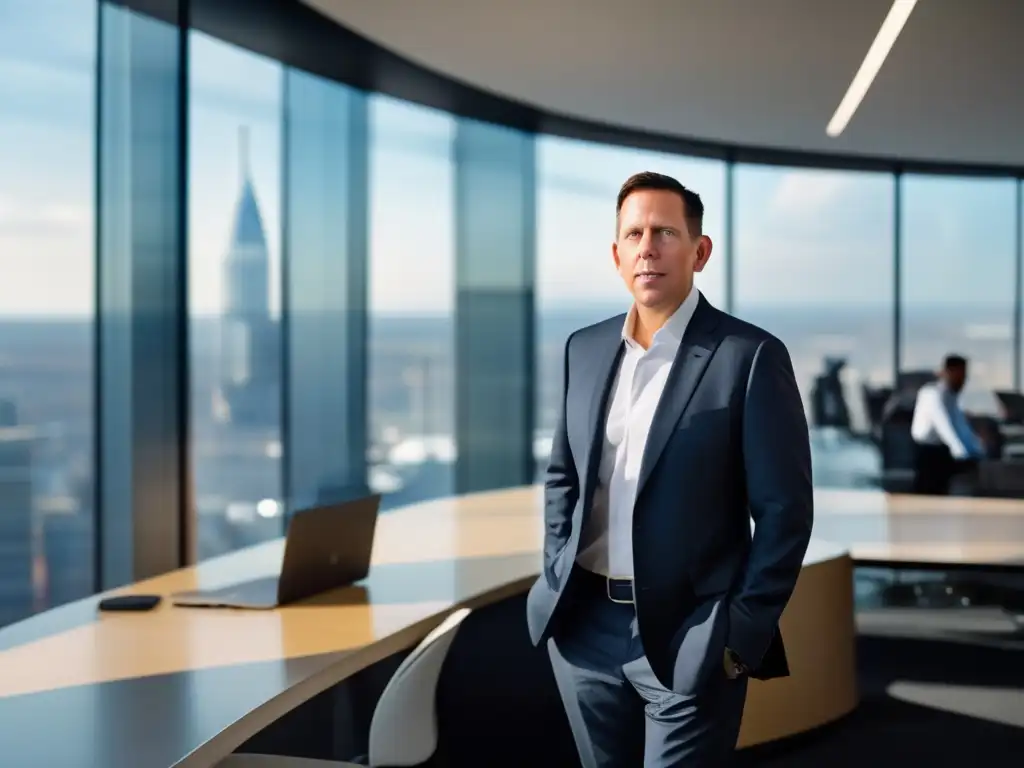 En la moderna oficina, Peter Thiel lidera una charla entre emprendedores, reflejando su enfoque innovador y su legado en las estrategias de inversión