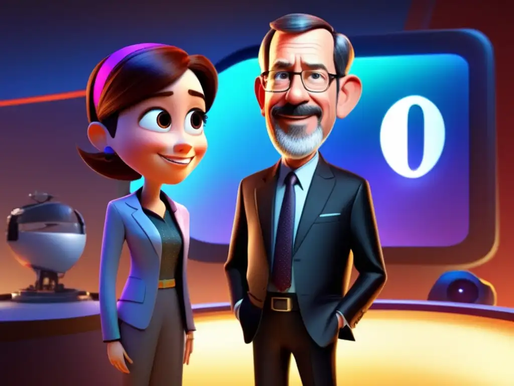En una moderna ilustración digital, Ed Catmull y un personaje CGI de Pixar están en un estudio futurista