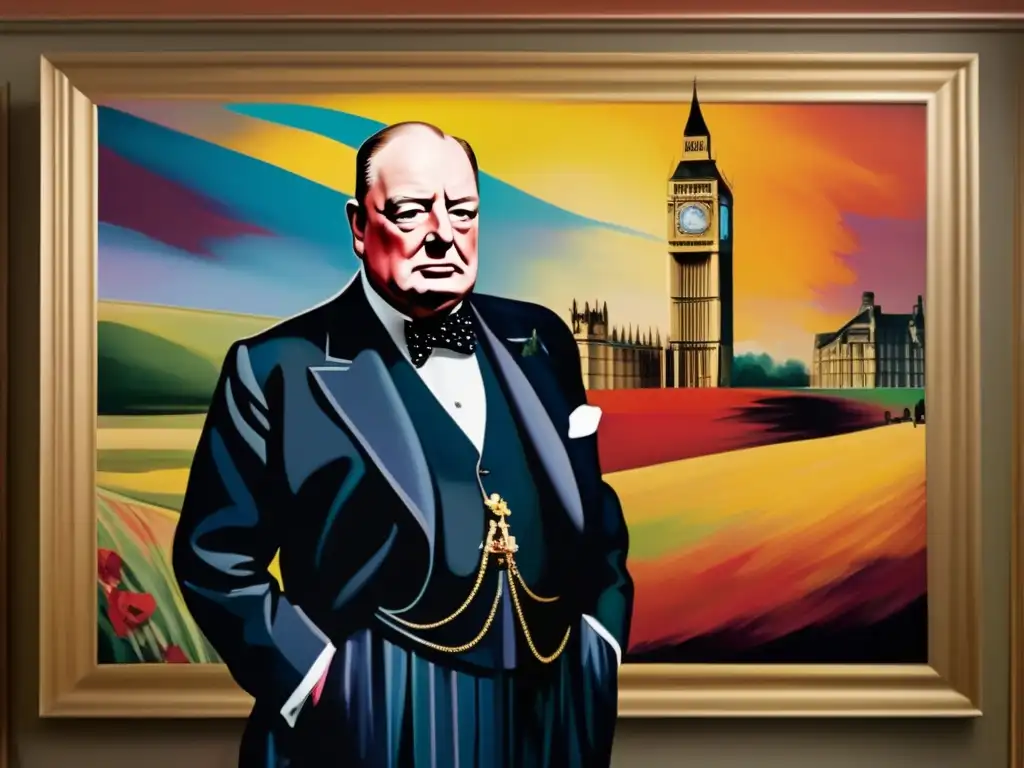 Winston Churchill pintor: imagen moderna de su pintura, con colores vibrantes y detalles intrincados, capturando su pasión y habilidad artística