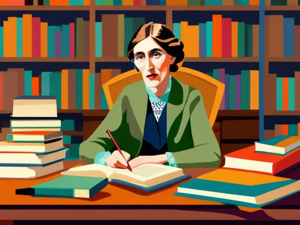Una moderna pintura digital de alta resolución de Virginia Woolf, escritora feminista, concentrada en su escritorio rodeada de libros y manuscritos