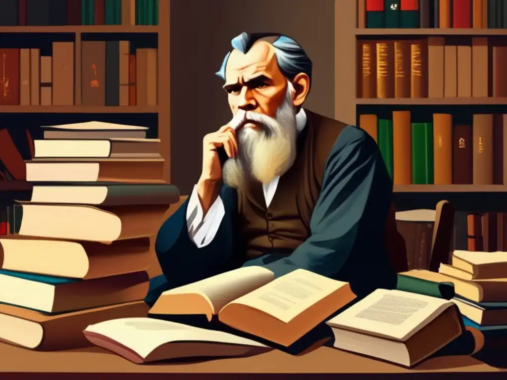 En esta moderna pintura digital de alta resolución, Leo Tolstoy se sienta en su escritorio rodeado de montones de libros y papeles, con una expresión pensativa mientras lucha con las complejidades de la fe, la literatura y la sociedad