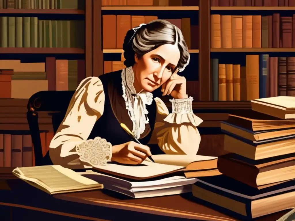 Una moderna pintura digital de alta resolución de Harriet Beecher Stowe, con intensa concentración en su escritorio, rodeada de libros y papeles