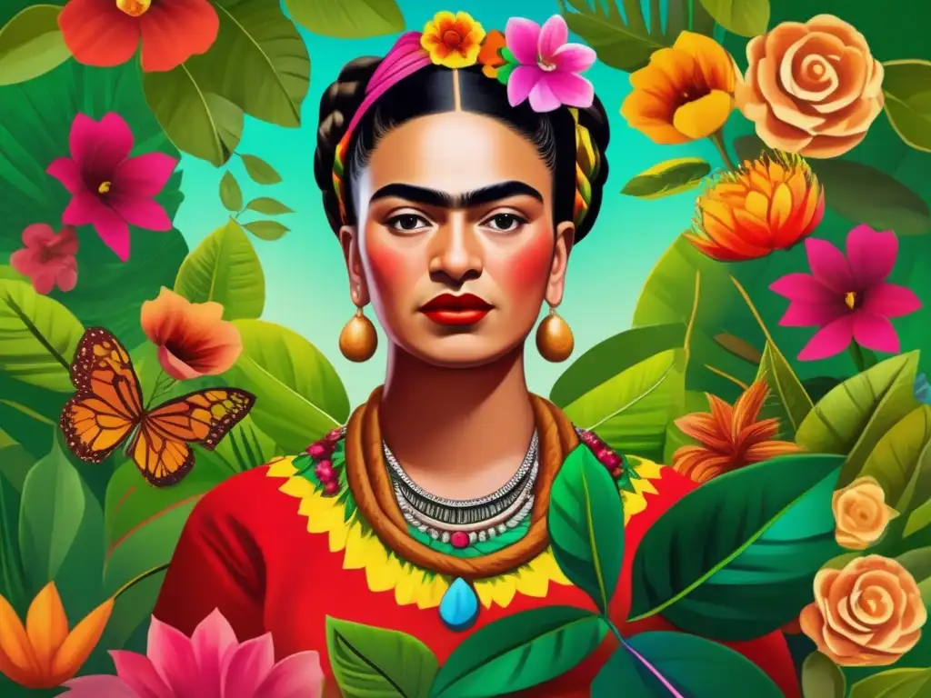 Una moderna pintura digital de Frida Kahlo junto a su vibrante autorretrato, rodeada de exuberante vegetación y flores