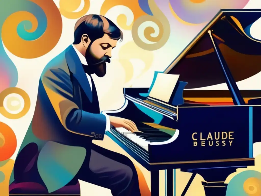 Una moderna pintura digital de alta resolución retrata a Claude Debussy al piano, rodeado de etéreos remolinos de color y notas musicales
