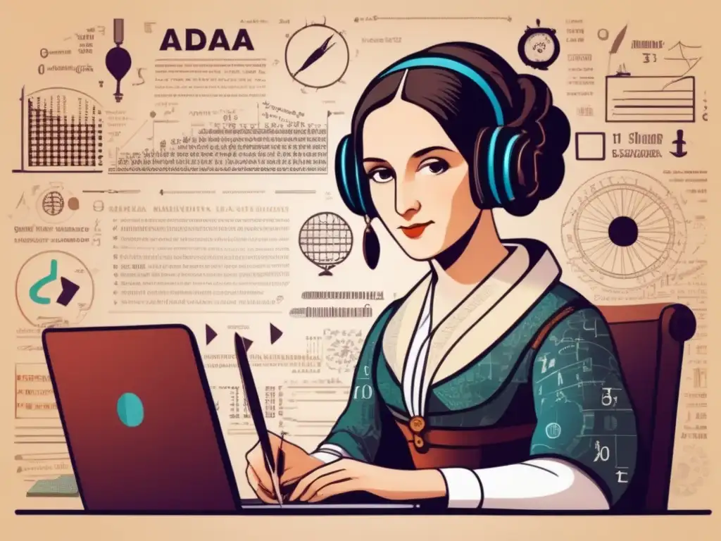 Ilustración moderna de Ada Lovelace, primera programadora de la historia, concentrada en matemáticas y código