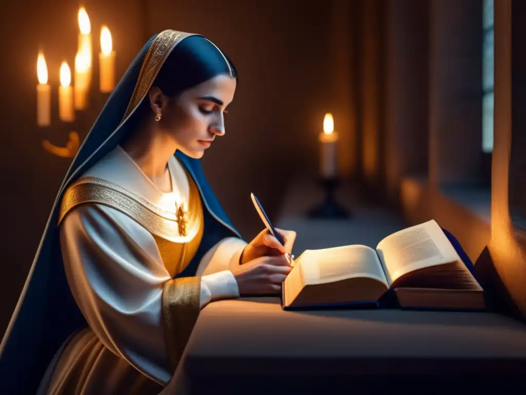 Teresa de Ávila: Contemplación mística en arte moderno Una representación moderna de Teresa de Ávila en profunda contemplación, iluminada por una suave luz mientras escribe en un libro
