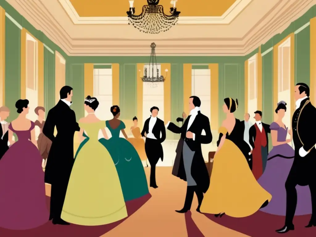 En una ilustración moderna de alta resolución, se muestra una escena de salón de baile de la época de la regencia