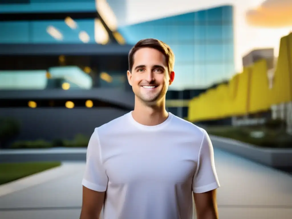 Una fotografía moderna y de alta resolución de Evan Spiegel frente a la sede de Snapchat, transmitiendo confianza e innovación
