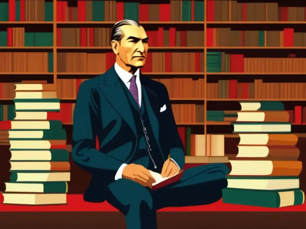 Una ilustración moderna de alta resolución muestra a Mustafa Kemal Atatürk inmerso en profundos pensamientos, rodeado de libros y documentos