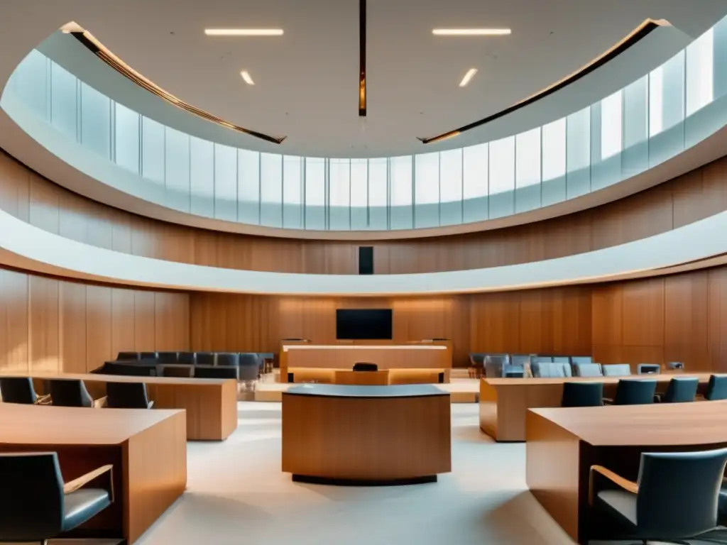 En una moderna sala de audiencias, abogados debaten frente a pantallas de alta tecnología, fusionando tradición y modernidad