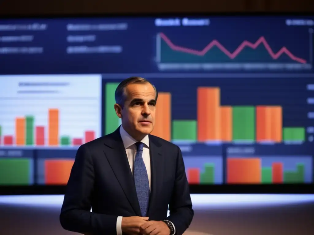 En una moderna sala de juntas, Mark Carney exuda autoridad al presentar estrategias financieras