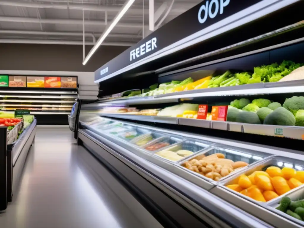 Una moderna sección de congelados en un supermercado, resaltando la invención comida congelada de Clarence Birdseye