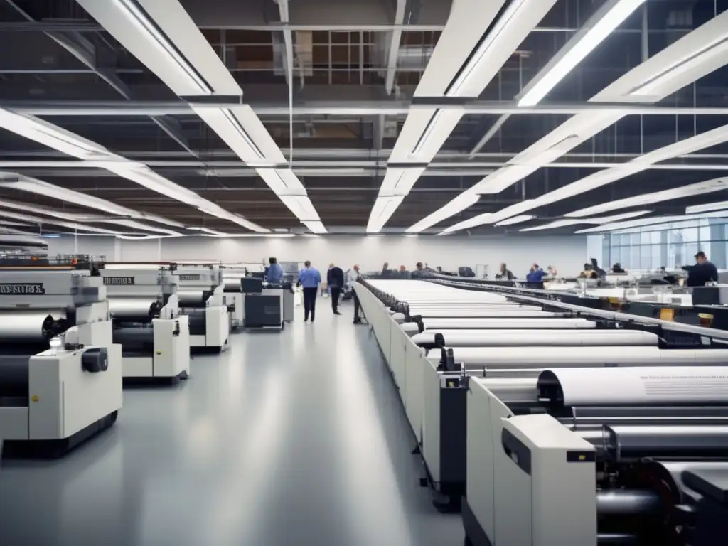 Unas modernas prensas de periódico imprimen con eficiencia en una sala luminosa, mientras periodistas trabajan en el fondo