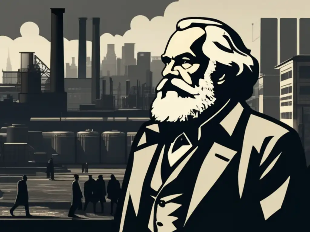 Un moderno arte digital en blanco y negro muestra a Karl Marx en una ciudad industrial bulliciosa