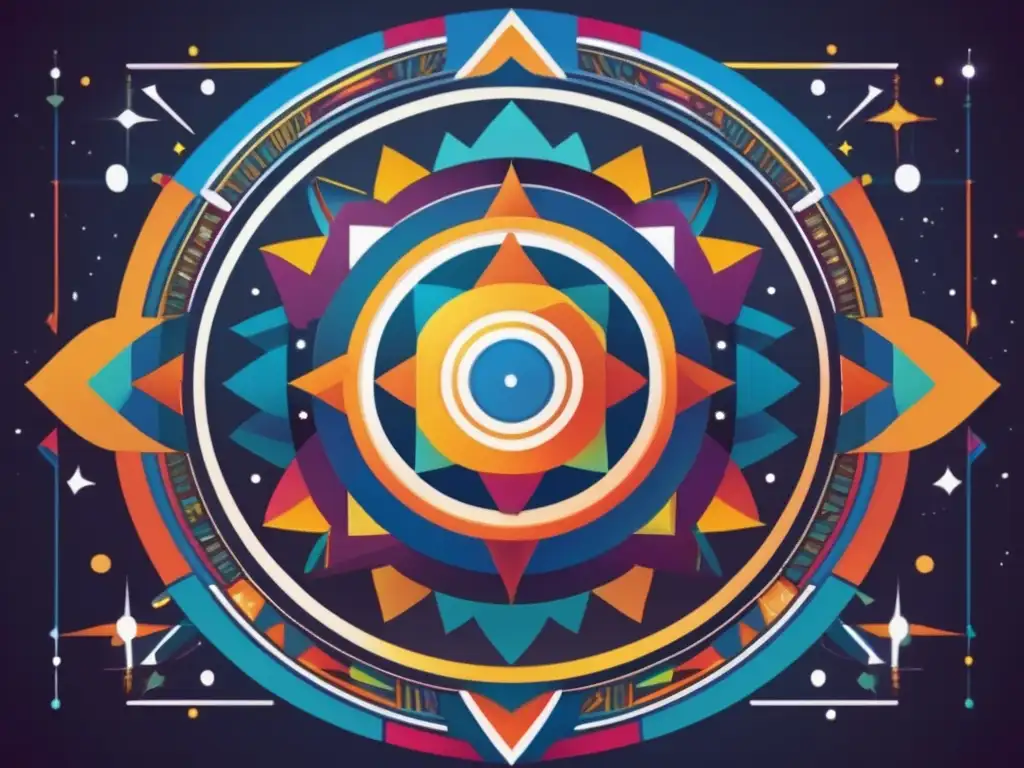 Un moderno arte digital muestra un cosmograma Bantú con intrincados patrones geométricos y colores vibrantes, simbolizando la interconexión del universo