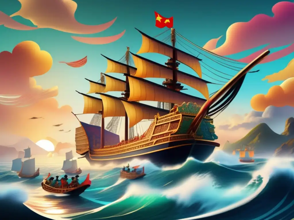 Un moderno arte digital muestra la gran flota de barcos del tesoro de Zheng He surcando el océano en expediciones marítimas de China